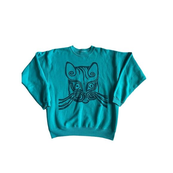 Vintage Walter Anderson cat  print oversized teal sweatshirt - Picture 1 of 5